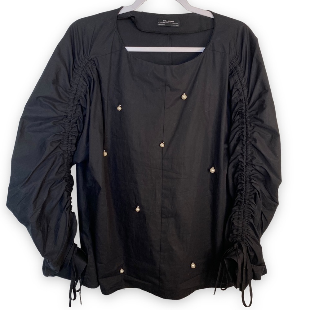 Zara woman premium denim collection black cotton shirt with pearls - Siz…